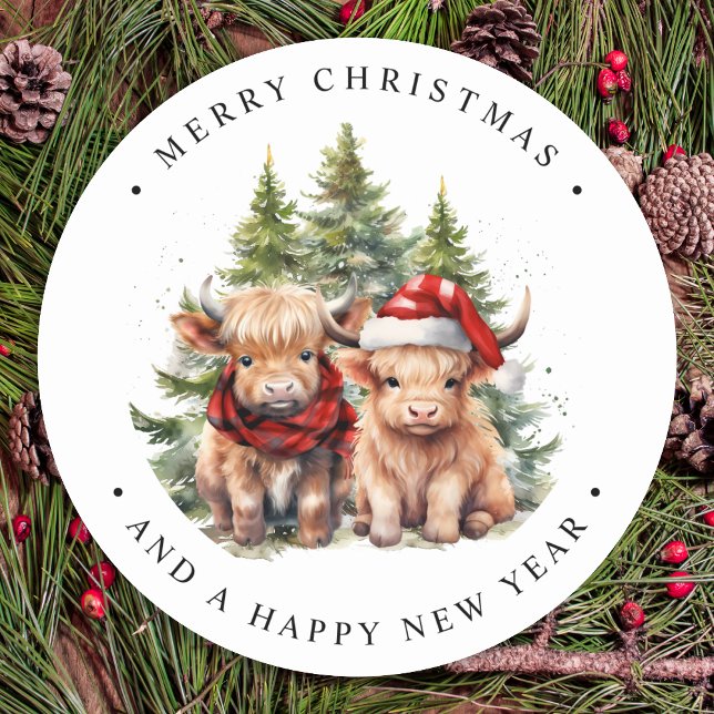 Sticker Rond Cosy Highland Cow Farm Animaux Joyeux Noël (Créateur téléchargé)