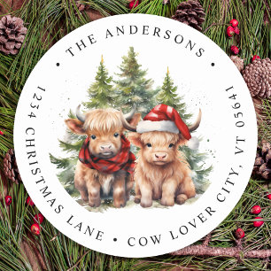 Sticker Rond Cosy Highland Cow Farm Christmas Adresse Adresse d