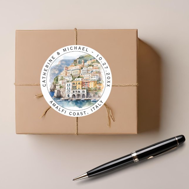 Sticker Rond Côte d'Amalfi Italie Aquarelle Destination Mariage (Créateur téléchargé)