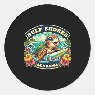 Sticker Rond Côte du Golfe Alabyma Cute Sea Turtle Surf