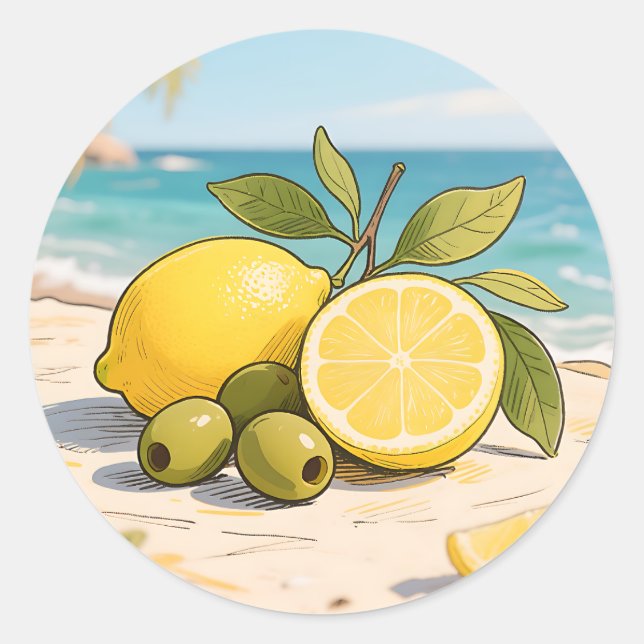 Sticker Rond Côte Fraîche aux Olives et Citron Ensoleillée (Devant)