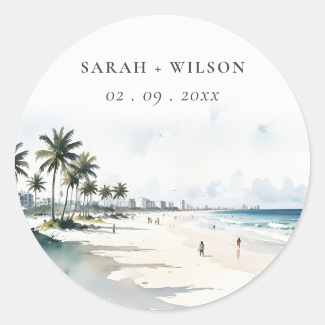 Sticker Rond Côte Miami Beach Palm Tree Mariage d'aquarelle (Devant)