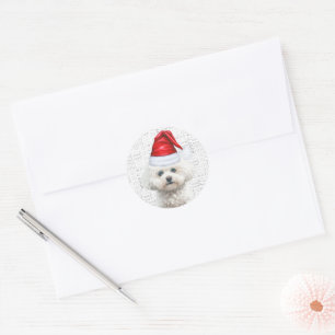 Sticker Rond Coton de Tulear Chien Woof Mots Noël Fêtards