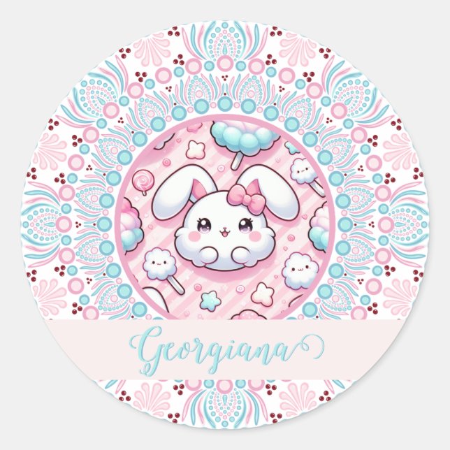 Sticker Rond Coton Personnalisé Candy Kawaii Bunny Dot Mandala (Devant)