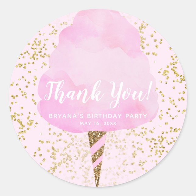 Sticker Rond Coton rose Bonbons & Gold Confetti fête d'annivers (Devant)