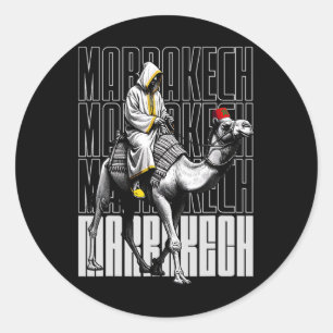 Sticker Rond Coucher de soleil chameau Marrakech Maroc Drapeau