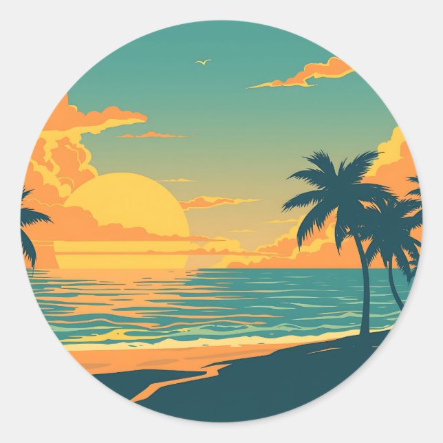 Sticker Rond Coucher de soleil de plage tropicale rétro (Devant)