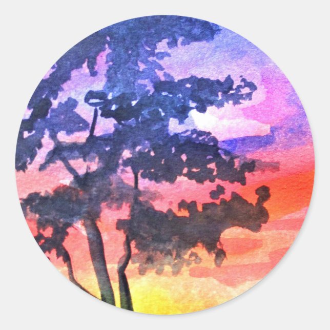 Sticker Rond Coucher de soleil Dream paysage aquarelle art (Devant)