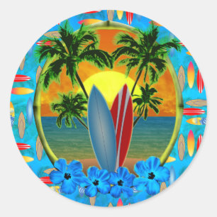 Sticker Rond Coucher De Soleil Et Planches De Surf