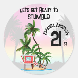 Sticker Rond Coucher de soleil sur l'île tropicale Palm Tree