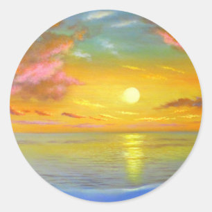 Sticker Rond Coucher de soleil tropical Vue sur la plage Peintu