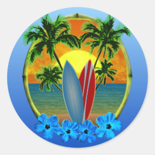 Sticker Rond Coucher du soleil et planches de surf