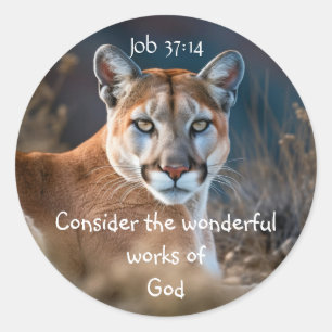 Sticker Rond Cougar Mountain Lion Bible Écriture Job 12:14