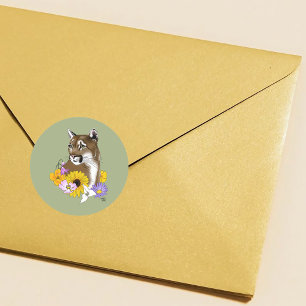 Sticker Rond Cougar Mountain Lion Puma Fleurs