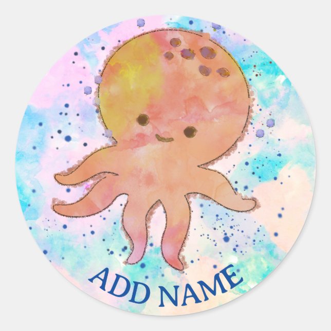 Sticker Rond Couleur d'aquarelle de la pieuvre mûre Nom personn (Devant)