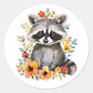 Sticker Rond Couleur d'été des fleurs Raccoon