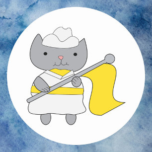 Sticker Rond Couleur Garde Cute Chat Jaune et Blanc