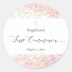 Sticker Rond Couleur rose première communion