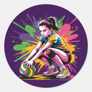 Sticker Rond Couleur Splash Volleyball Fille Anniversaire
