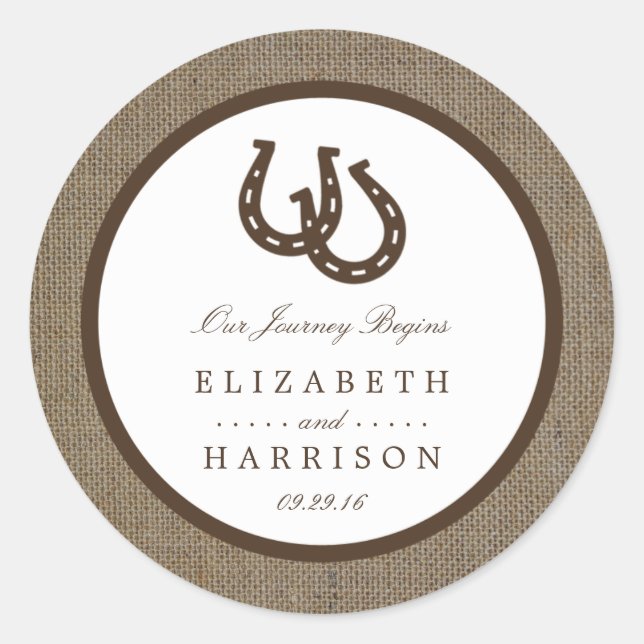 Sticker Rond Country Rustic Horseshoe Sur Burlap Mariage (Devant)