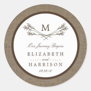 Sticker Rond Country Rustic Monogramme Branche & Mariage Burlap