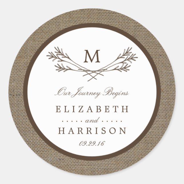 Sticker Rond Country Rustic Monogramme Branche & Mariage Burlap (Devant)