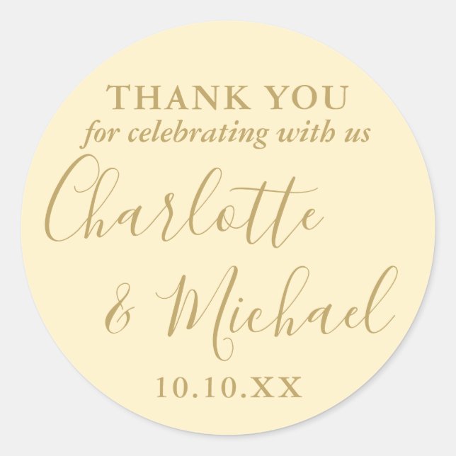 Sticker Rond Coupe-beurre Signature jaune Mariage Faveur Merci (Devant)