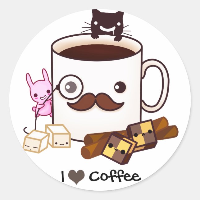 Sticker Rond Coupe de café mignonne moustache et animaux kawaii (Devant)