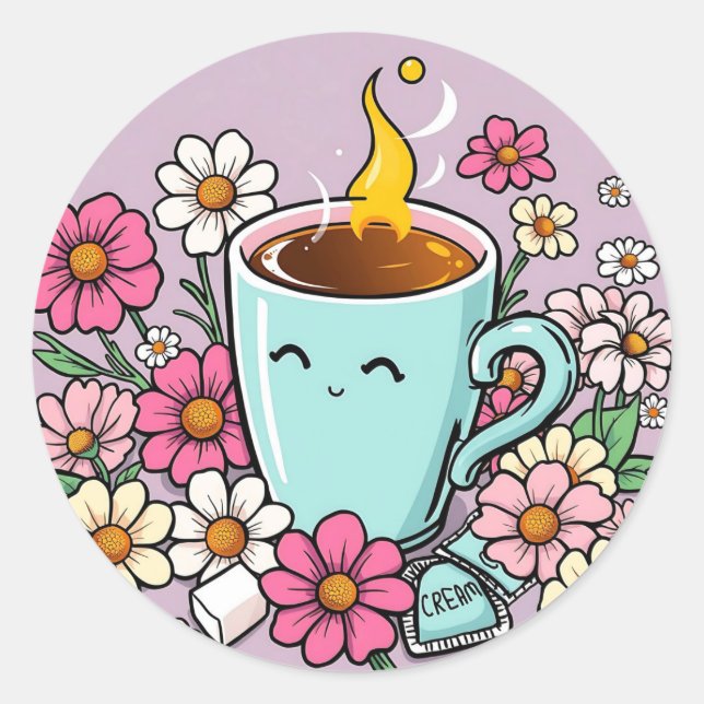 Sticker Rond Coupe Whimsical de Café Chaud et Fleurs (Devant)
