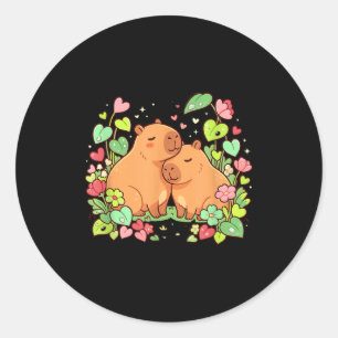Sticker Rond Couple de capybaras Cute Saint-Valentin Fleur Hear