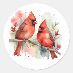 Sticker Rond Couple d'oiseaux rouges cardinaux de Noël Art