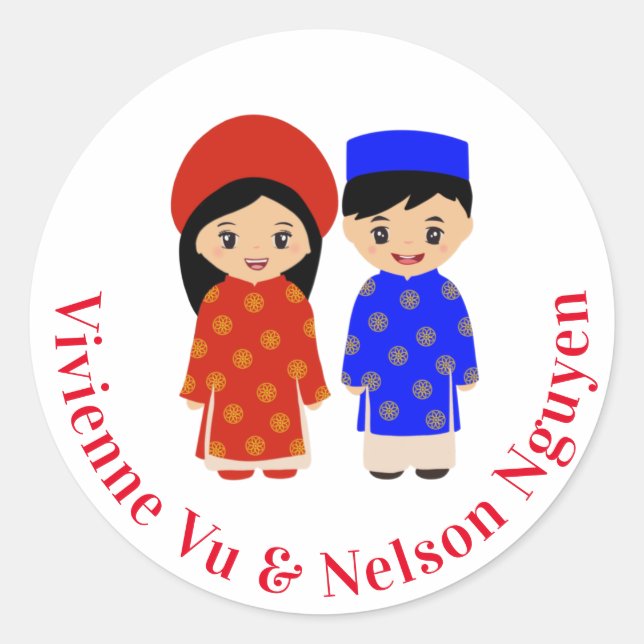 Sticker Rond Couple Mariage traditionnel vietnamien Ao Dai (Devant)