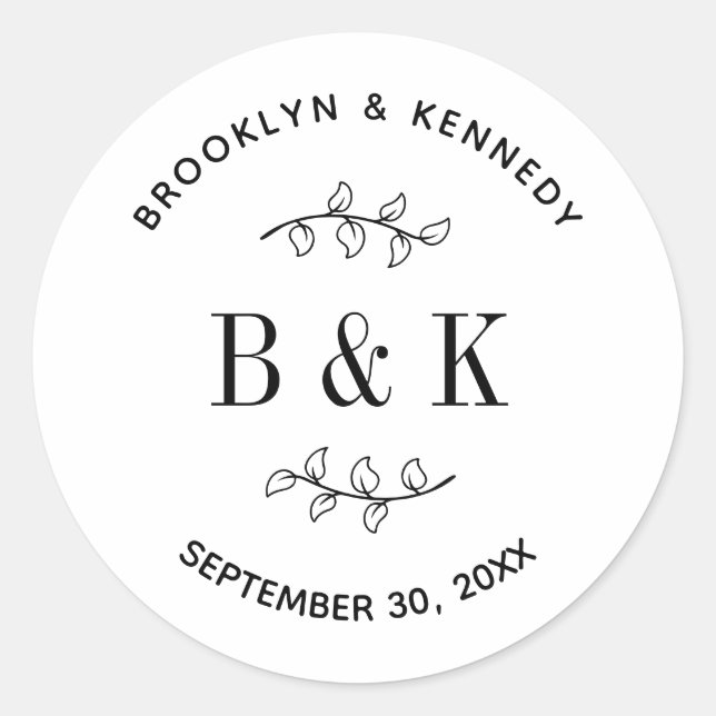 Sticker Rond Couple Mariés Fun Monogramme Floral Botanique Nom (Devant)