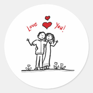 Sticker Rond Couple mignon coeurs et salutations bonjour
