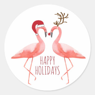 Sticker Rond Couples drôles père Noël et Rudolph de flamants