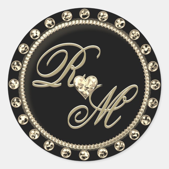 Sticker Rond Couples personnalisés Monogramme Or Noir (Devant)