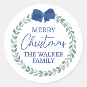 Sticker Rond Courbe bleue ornée de couronnes joyeux Noël