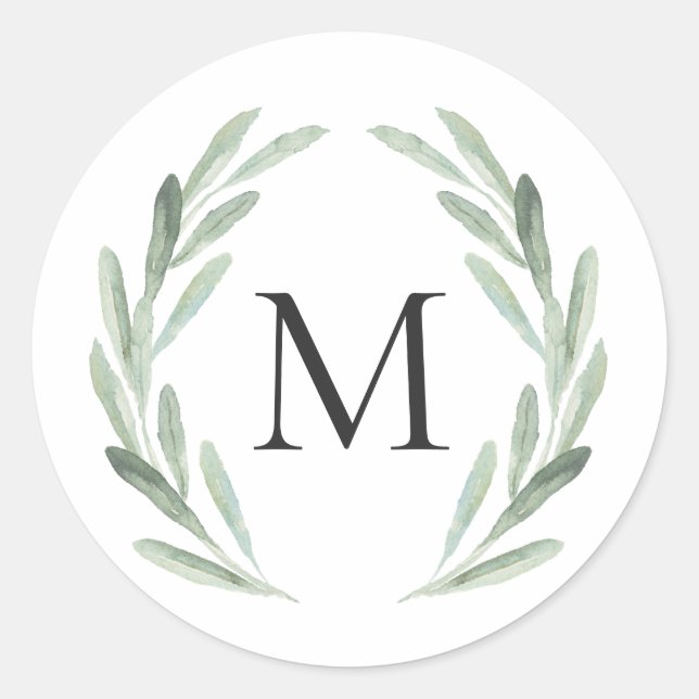 Sticker Rond Courbe d'aquarelle verte rustique Monogramme simpl (Devant)