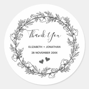 Sticker Rond Courbe et coeurs floraux coutume merci