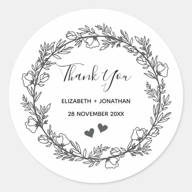 Sticker Rond Courbe et coeurs floraux coutume merci (Devant)
