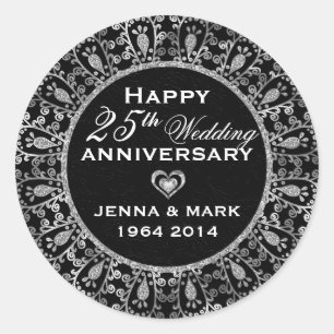 Sticker Rond Courbe Florale Noire Et Argent 25e Anniversaire