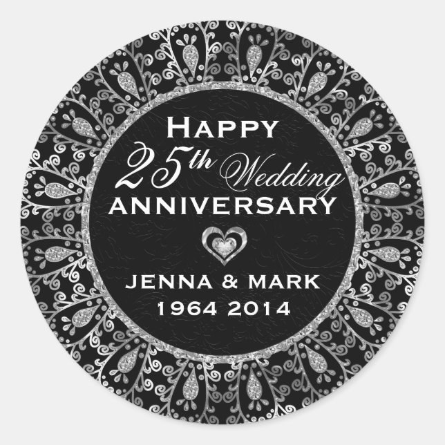 Sticker Rond Courbe Florale Noire Et Argent 25e Anniversaire (Devant)