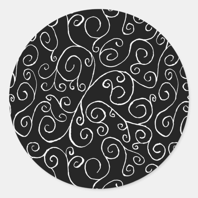 Sticker Rond Courbes de défilement blanches sur noir (Devant)