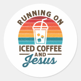 Sticker Rond Courir sur le café glacé et Jesus Retro