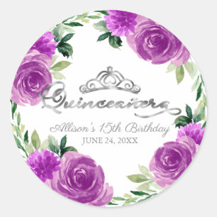 Sticker Rond Couronne argentée de Quinceanera fleurs violettes