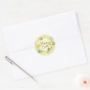 Sticker Rond Couronne colorée d'oeufs de Joyful Chicks et salut