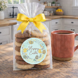 Sticker Rond Couronne colorée d'oeufs de Joyful Chicks et salut