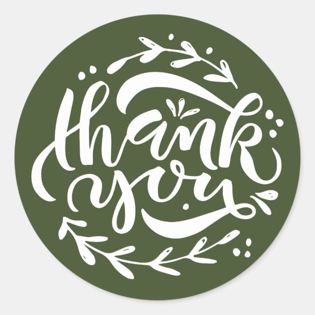 Sticker Rond Couronne de calligraphie moderne Merci Vert Olive (Devant)