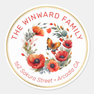 Sticker Rond Couronne de coquelicots avec papillon Adresse