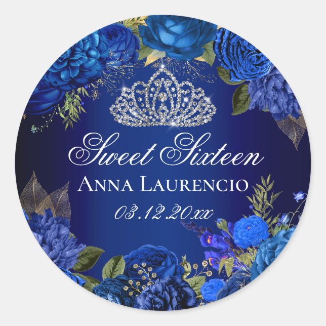 Sticker Rond Couronne de diamants de roses florales bleues Douc (Devant)